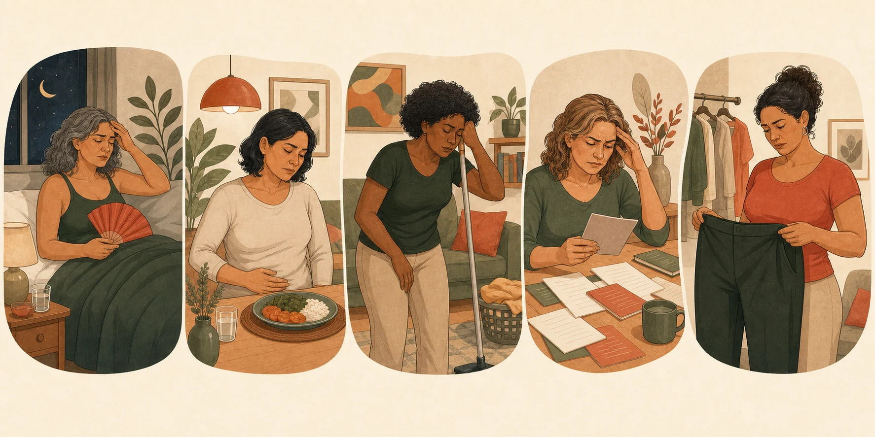 Ilustração de mulheres maduras percebendo calorões, desconforto abdominal, cansaço, confusão e mudanças no corpo